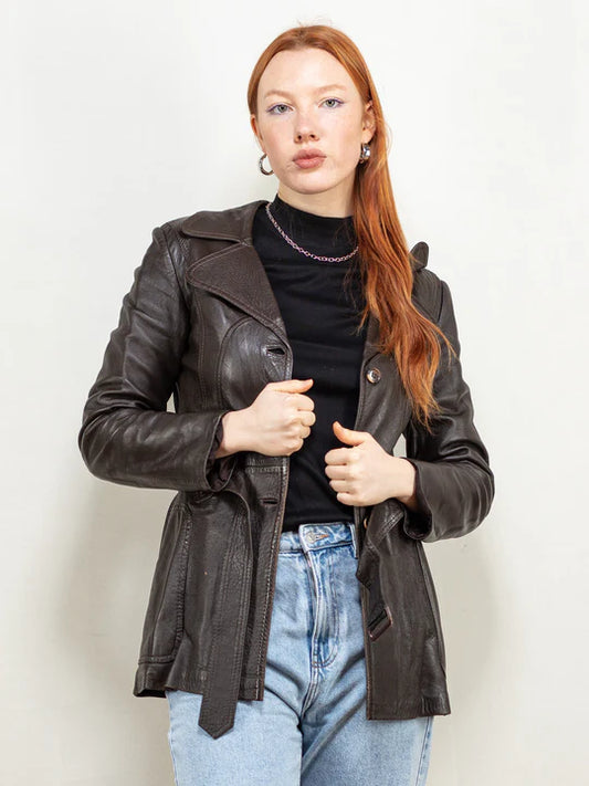 Vintage 70's Women Belted Leather Jacket in Brown