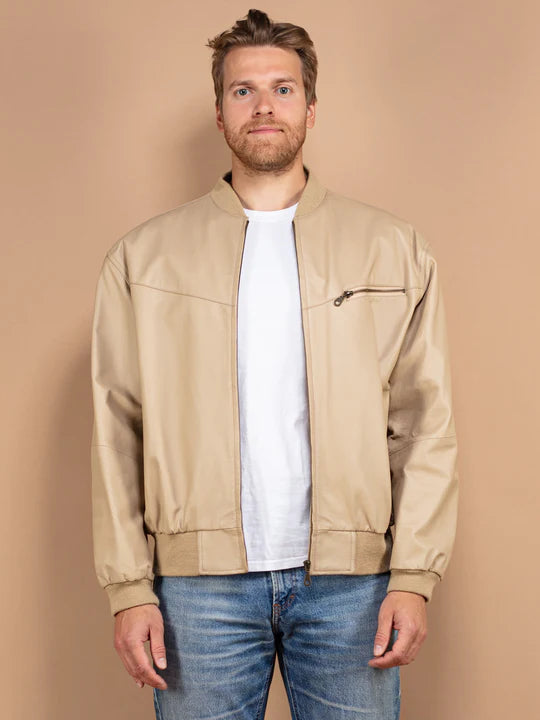 Vintage 90's Men Leather Bomber Jacket in Beige