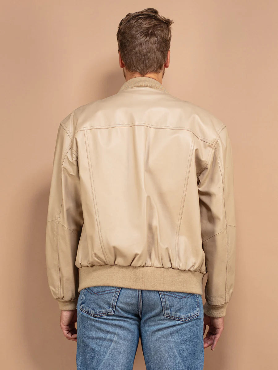 Vintage 90's Men Leather Bomber Jacket in Beige