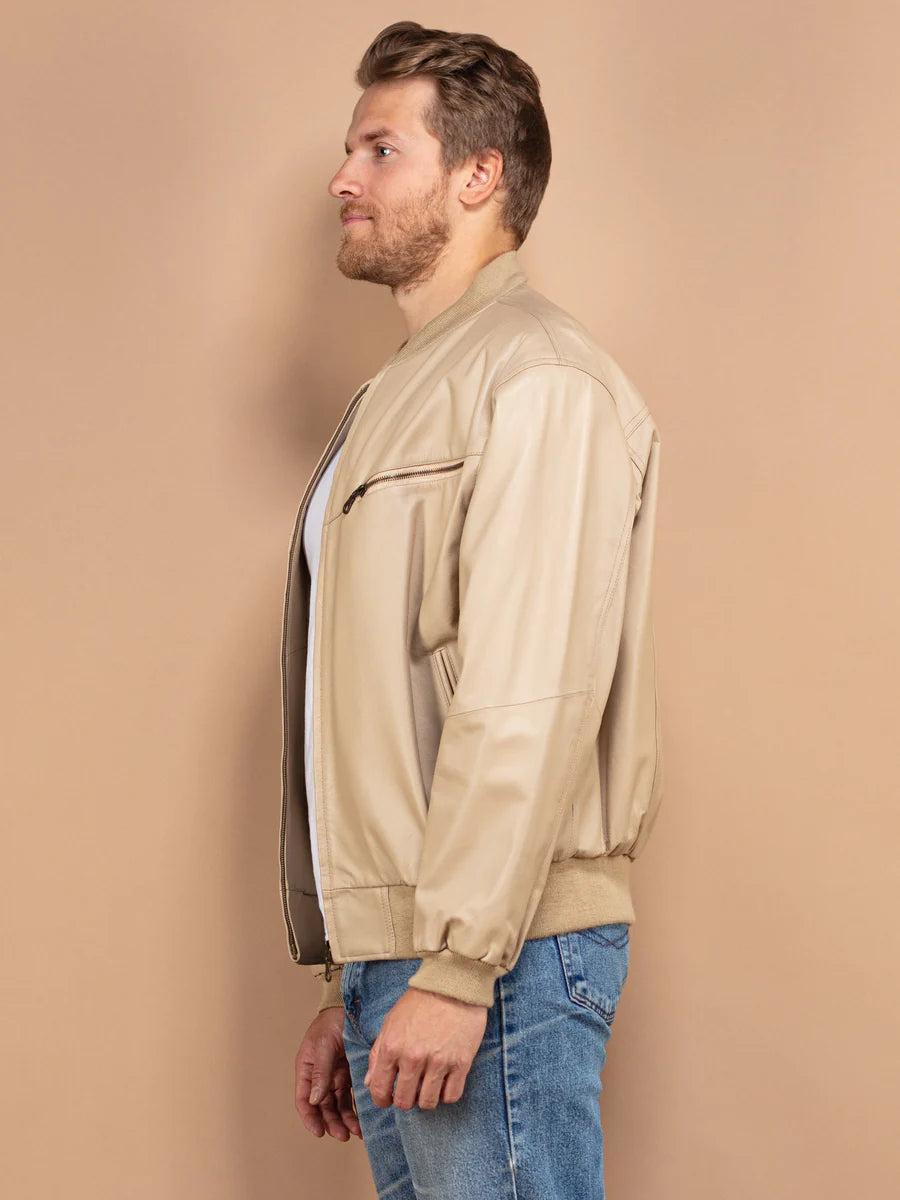 Vintage 90's Men Leather Bomber Jacket in Beige