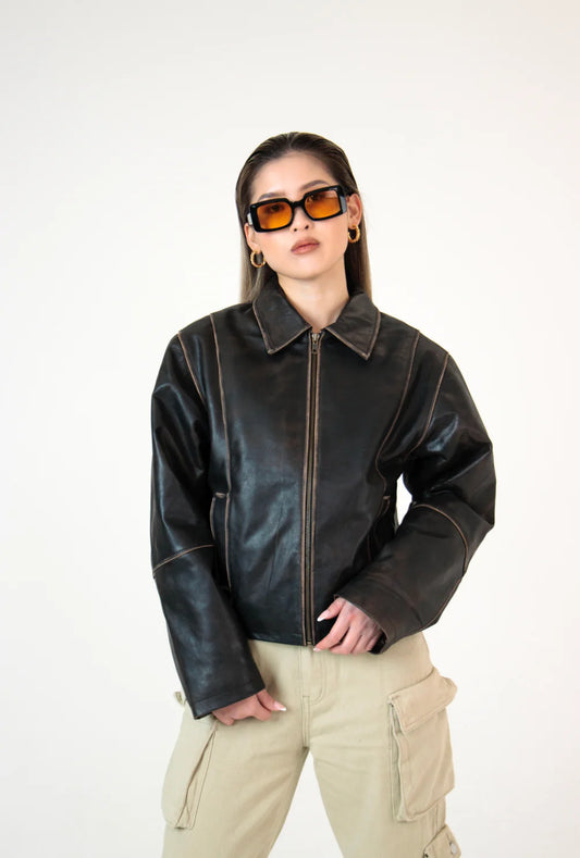 Mabel Distressed Brown Leather Jacket - For Women